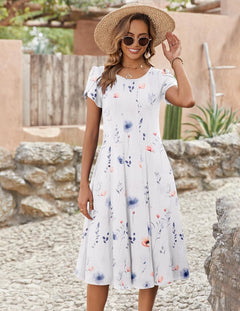 Womens Summer Dresses Short Sleeve Midi Dress Crew Neck Ladies Dress Casual Swing Dress with Pockets S-XXL
