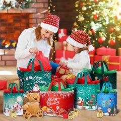 Festive 12-Pack Christmas Bags with Tissue Paper - Reusable Tote with Handles for Holiday Treats & Party Favors!