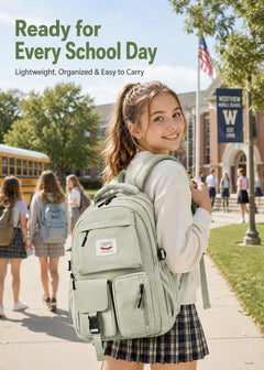 Lightweight School Backpack Womens, Cute School Bag for Teenager Girls, 15.6 Laptop Rucksack Backpack for School Casual Daypacks Travel Backpack for College Work Green 25L