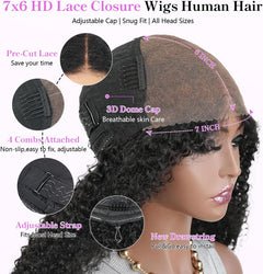 7X6 Burmese Curly Glueless Wigs Human Hair Pre Plucked Pre Cut 220% Density Wear and Go Drawstring Wig for Women 7X6 HD Curly Lace Front Wigs Human Hair Natural Black 18Inch