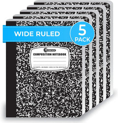 5 Pack Wide Ruled Composition Notebook, Black Marble Notebooks | Wide Ruled Notebook, 200 Pages (100 Sheets), 9-3/4 X 7-1/2, Hard Cover Notebooks for School, College & Office Supplies