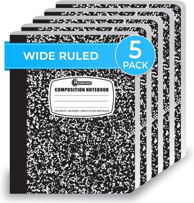 5 Pack Wide Ruled Composition Notebook, Black Marble Notebooks | Wide Ruled Notebook, 200 Pages (100 Sheets), 9-3/4 X 7-1/2, Hard Cover Notebooks for School, College & Office Supplies