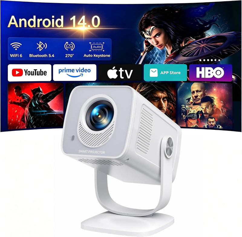 【Built-In Android 14 | Short Throw】 Mini Portable Projector 1080P 4K Supported, Smart Projector with 270° Rotation Stand, Auto Keystone, Wifi 6 Bluetooth 5.4, Home Cinema Projectors for Bedroom