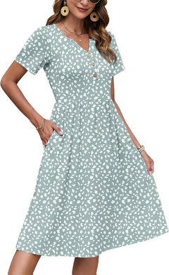 Women'S Summer Short Sleeve Dresses with Midi Empire Causal V Neck Pleated Dress with Pockets
