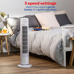 29" Inch, Lightweight, Tower Fan, 3 Speeds, 75° Oscillation, Powerful Airflow, Quiet Operation, Timer, Perfect for Home or Office, White- RHTF2923W