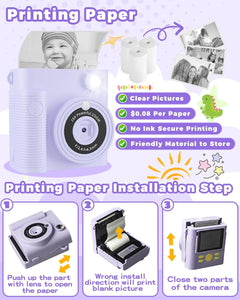 Kids Camera Instant Print,1080P HD Digital Camera for Girls & Boys, Safe Inkless Printing Toys Gifts,32Gb SD Card & 3 Rolls Paper, Birthday Christmas New Year'S Gifts for Ages 3-12
