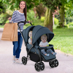 Double Pushchair with Adjustable Backrest and Sunshade
