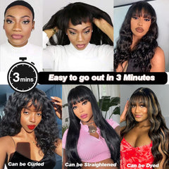 16 Inch Human Hair Wig with Fringe Wear and Go Glueless Wig Human Hair 2X4 Lace Front Body Wave Human Hair Wig for Women 100% Real Brazilian Hair Wigs with Bangs Natural Black