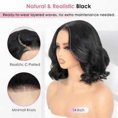Human Hair Wig 250 Density Layered Bob Wig Human Hair with Curtain Bangs 15A 6X6 Face-Framing Wear Go Glueless Wigs Pre Plucked Pre Cut Loose Body Wave Glueless Wig Human Hair 14 Inch