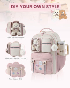 Cute School Backpack for Girls Ages 8-14, Bookbag with Plush Bear & Clear Display Pocket, Fits 15.6 Inch Laptop & 40Oz Tumbler, Back to School Backpack for Elementary & Middle School