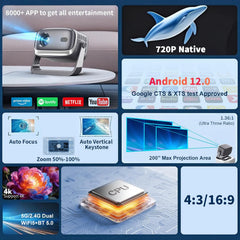720P HD 4K Support Projector,Wifi 6 & BT 5.0 Smart Projector with 10000 Lumens,Android 12,Auto Focus & Keystone Zoom,Built-In Speaker,Compatible with Smartphone/Laptop/Pc & Home Theater & Outdoor