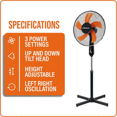16 Inch Pedestal Fan with Oscillation, Adjustable Height, Quiet Powerful Cooling Airflow, 45W, Black & Orange
