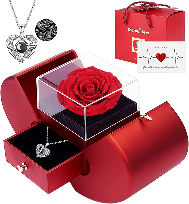 Preserved Real Rose Gifts for Women,Mum,Wife,Eternal Flowers Rose with I Love You Necklace in 100 Languages,Gifts for Her on Birthday, Anniversary, Valentine'S Day, Mother'S Day, Christmas