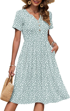 Women'S Summer Short Sleeve Dresses with Midi Empire Causal V Neck Pleated Dress with Pockets