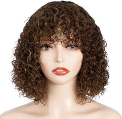 Short Curly Human-Hair Wigs with Bangs 10Inch Jerry Curl Bob Brazilian Virgin Human Hair None Lace Front for Black Women Machine Made Black Wigs