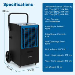 66 L/Day Industrial Dehumidifier with Pump for Basement Drying Clothes