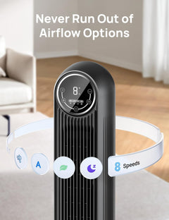 20Db Silent Tower Fan, 28 Ft/S Velocity Electric Cooling Fan with Remote, 90° Oscillating 8 Speeds 4 Modes 8H Timer LED Display, DC Motor Quiet Standing Bladeless Floor Fans for Bedroom, Black