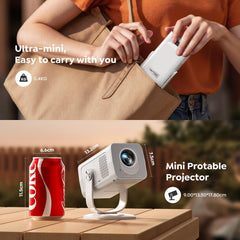 【Built-In Android 14 | Short Throw】 Mini Portable Projector 1080P 4K Supported, Smart Projector with 270° Rotation Stand, Auto Keystone, Wifi 6 Bluetooth 5.4, Home Cinema Projectors for Bedroom