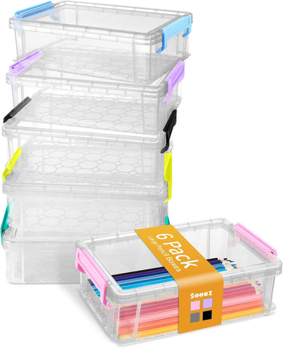 6 Pack Extra Large Pencil Box, Plastic Pencil Case Crayon Box | Clear Marker Organizer Plastic Containers with Lid, Stackable Storage Boxes for Art Craft,Back to School Supplies, Multi