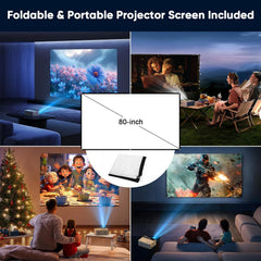 1080P Mini Portable Projector, 2-Way Bluetooth, with 80In Screen | 1080P Home Theater, Indoor/Outdoor Movies, Compatible with TV Stick/Roku/Phone/Pc/Ps/Dvd/Hdmi/Usb