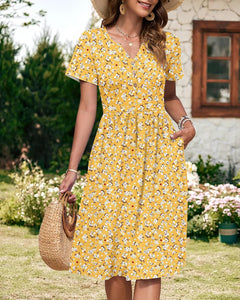 Women'S Summer Short Sleeve Dresses with Midi Empire Causal V Neck Pleated Dress with Pockets