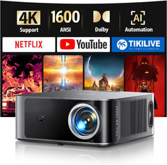 X9 4K Smart Home Projector, 1600 ANSI High Brightness, Compatible with Netflix, 2 * 18W Surroun Dolby Audio, ARC, FHD 1080P HDR10, Auto Focus, Keystone, Wifi 6 Bluetooth Home Cinema Projector