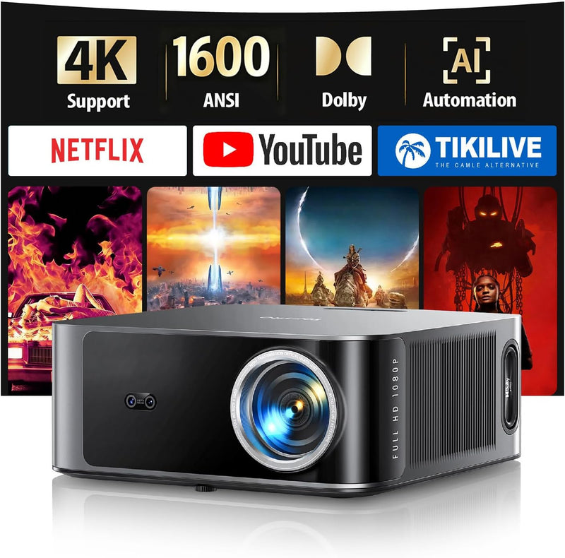 X9 4K Smart Home Projector, 1600 ANSI High Brightness, Compatible with Netflix, 2 * 18W Surroun Dolby Audio, ARC, FHD 1080P HDR10, Auto Focus, Keystone, Wifi 6 Bluetooth Home Cinema Projector