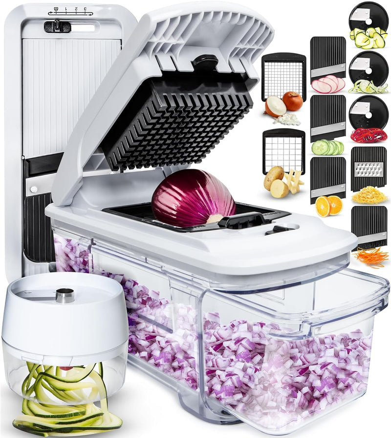 Vegetable Chopper Cutter Mandoline Slicer Cheese Grater - Food Onion Salad Veggie Chopper with Container - French Fry Potato Dicer Slicer Cutter - Kitchen Tools Gadgets (All-In-1 White)