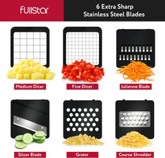 Vegetable Chopper Cutter Mandoline Slicer Cheese Grater - Food Onion Salad Veggie Chopper with Container - French Fry Potato Dicer Slicer Cutter - Kitchen Tools Gadgets (6-In-1 Compact Black)