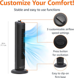 28" (71 Cm) 60-Degree Oscillating Tower Fan for Bedroom, Living Room, Office, with 3 Speeds, Intuitive Mechanical Control, Matte Black, 35W, 27.8" X 9.4" X 9.4" (71 Cm X 24 Cm X 24 Cm)