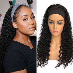 Headband Wig Human Hair Headband Half Wigs Human Hair 10A Brazilian Glueless Human Hair Wigs None Lace Front Wigs Deep Wave 150% Density Natural Color 20 Inch