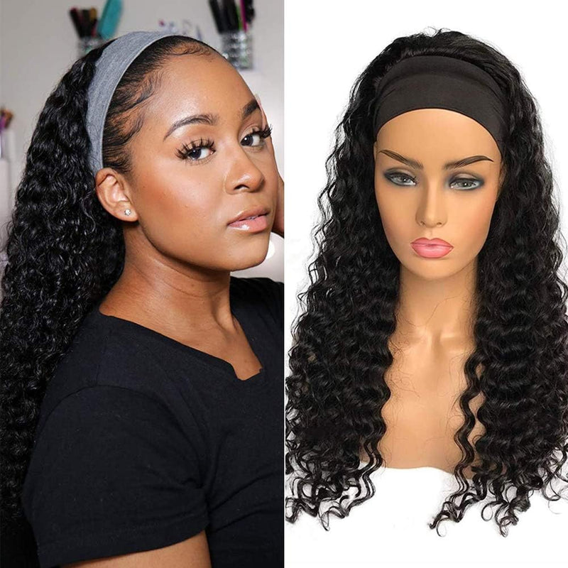 Headband Wig Human Hair Headband Half Wigs Human Hair 10A Brazilian Glueless Human Hair Wigs None Lace Front Wigs Deep Wave 150% Density Natural Color 20 Inch