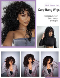 Human Hair Wig with Fringe - 14 Inch Kinky Curly Machine Made Wig with Bangs, Re-Stylable Dyeable Breathable Glueless Real Hair Wigs for Black Women.