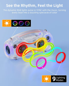 Powerful Portable Bluetooth Speakers - 200W Loud Sound & Deep Bass, RGB Party Lights, IP65 Waterproof, 24H Playtime, Dual Subwoofers & Tweeters, TWS, USB/AUX/TF Connectivity