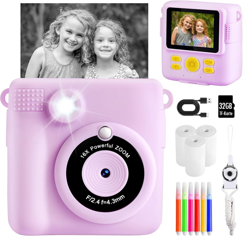 Kids Camera for Girls Boys, Instant Camera for Kids with Print Photo Paper,1080P HD Kids Digital Camera with 32GB SD Card Portable Toy Birthday Gifts for 3 4 5 6 7 8 9 10 Year Old Girl Boy