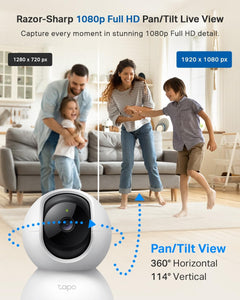 TC70 Pan/Tilt Indoor Camera House Security Camera, Dog Camera, No Monthly Fee, AI Detection, Wifi Camera, Baby Camera Monitor, 1080P Full HD, 360° View, Night Vision, Works with Alexa & Google