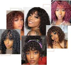 Short Curly Human-Hair Wigs with Bangs 10Inch Jerry Curl Bob Brazilian Virgin Human Hair None Lace Front for Black Women Machine Made Black Wigs