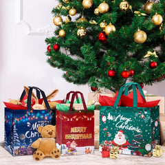 Festive 12-Pack Christmas Bags with Tissue Paper - Reusable Tote with Handles for Holiday Treats & Party Favors!