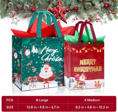 Festive 12-Pack Christmas Bags with Tissue Paper - Reusable Tote with Handles for Holiday Treats & Party Favors!