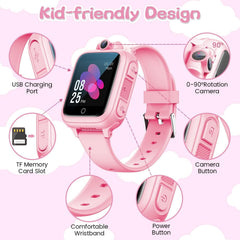 Kids Smart Watch for Boys Girls, Fashion Smartwatches for 5-12 Year Olds Children, Birthday Gift Toy for Kids, Digital Watch with 14 Puzzle Games and 90° Rotating Camera (Pink)