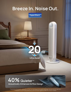 20Db Silent Tower Fan, 28 Ft/S Velocity Electric Cooling Fan with Remote, 90° Oscillating 8 Speeds 4 Modes 8H Timer LED Display, DC Motor Quiet Standing Bladeless Floor Fans for Bedroom, White