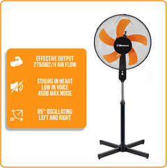 16 Inch Pedestal Fan with Oscillation, Adjustable Height, Quiet Powerful Cooling Airflow, 45W, Black & Orange