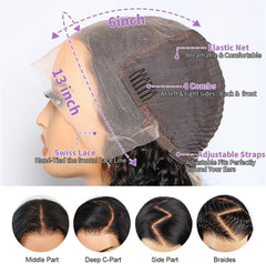 13X6 Water Wave Lace Front Wigs Human Hair 180% Density 20Inch Deep Wave Transparent Lace Frontal Curly Wigs Wet and Wavy Virgin Hair Natural Black