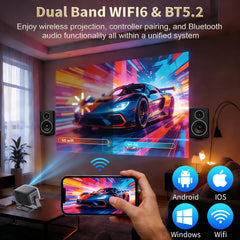720P HD 4K Support Projector,Wifi 6 & BT 5.0 Smart Projector with 10000 Lumens,Android 12,Auto Focus & Keystone Zoom,Built-In Speaker,Compatible with Smartphone/Laptop/Pc & Home Theater & Outdoor