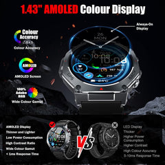 Advanced GPS Smart Watch for Men - 1.43" AMOLED Military Fitness Tracker with 5ATM Waterproof, 130+ Sports Modes, Heart Rate/Sleep/Spo2 Monitoring, Bluetooth Calling - Perfect for Outdoor Fitness on Android & iOS