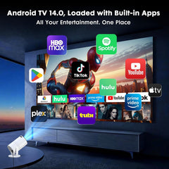 Android 14 Mini Projector with Bluetooth 5.2 & Wifi 6 | Built-In Apps, 180° Rotatable, Auto Keystone, 1080P Portable for Home Bedroom, Compatible with TV Stick, HDMI, USB