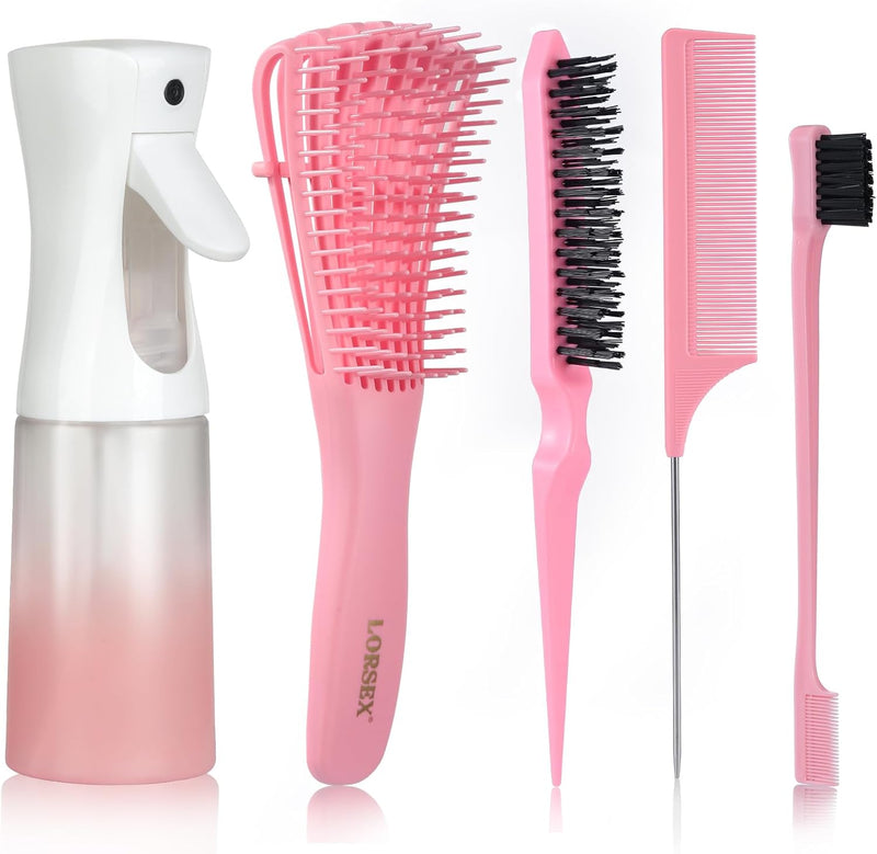 Hair Brush with 200Ml Hair Spray Bottle, Detangle Hair Brush for Black Natural Hair, Afro American Type 3A-4C, 3 Pcs Slick Brush Set (Pink)