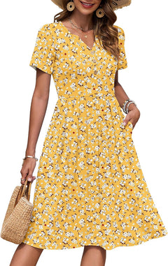 Women'S Summer Short Sleeve Dresses with Midi Empire Causal V Neck Pleated Dress with Pockets