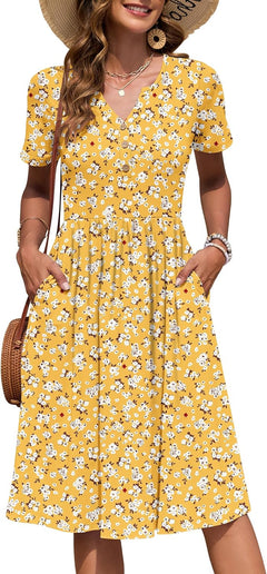 Women'S Summer Short Sleeve Dresses with Midi Empire Causal V Neck Pleated Dress with Pockets