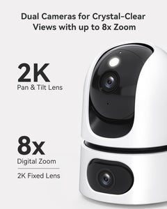 Dual-Lens 2K+2K Indoor Security Camera, House Security Camera 360°Full Coverage, Pet Baby Camera with APP, Color Night Vision, Human/Pet/Sound/Motion Detection, Siren Spotlight, 2.4Ghz Only